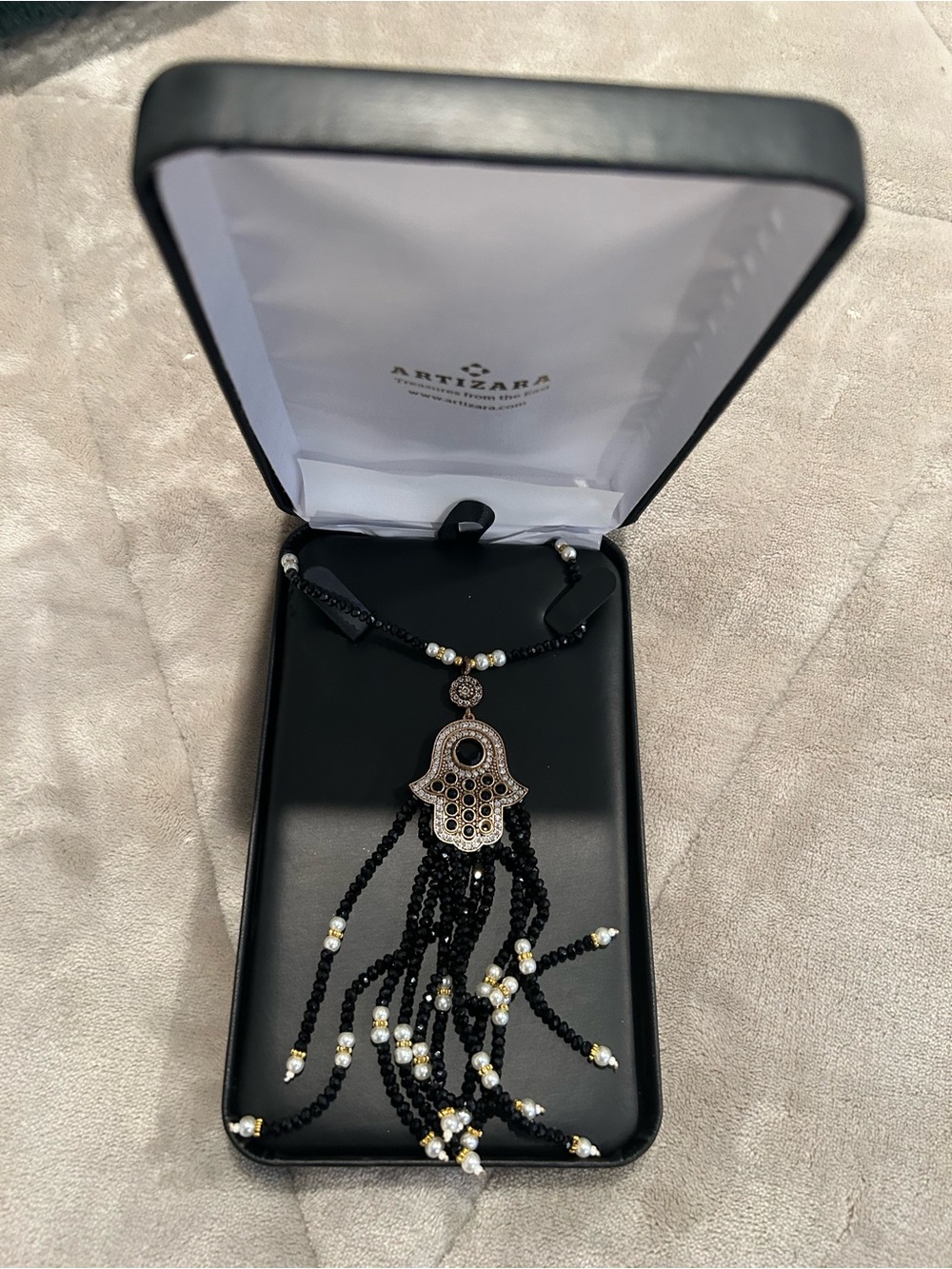 Artizana Black Beaded Hamsa Pendant Necklace with Pearl Accents